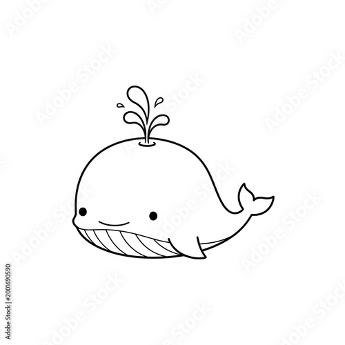 Cute cartoon whale spouting water, simple line art illustration, isolated on white background