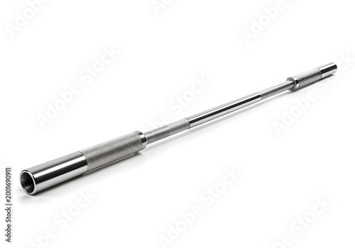Olympic barbell bar with chrome finish and knurling, isolated on white background