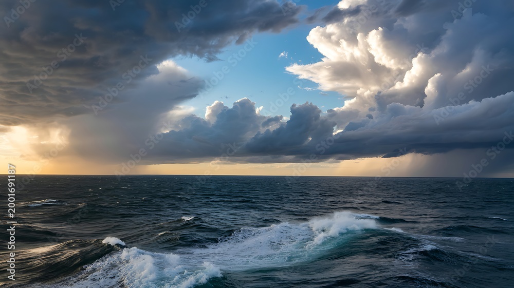 Fototapeta premium Dramatic Skies Over the Sea: A tempestuous sky clashes with a churning sea, creating a mesmerizing scene of natural power. The interplay of light and shadow, combined with the motion of the waves.