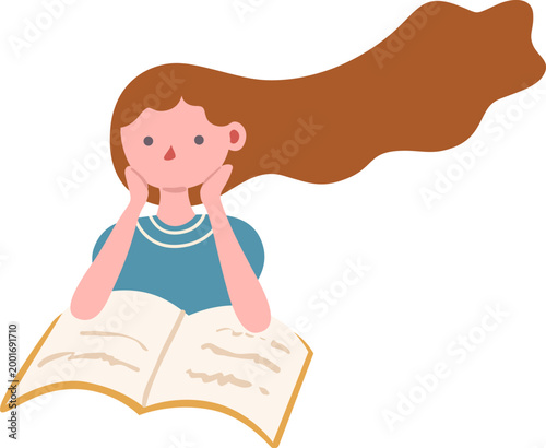 Girl sitting and reading with hands lean on chin