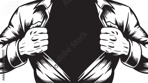 Fotografia Man ripping open white dress shirt with strong hands in black and white illustra