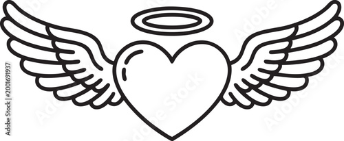 Heart with wings and halo in minimalist line art for love symbol