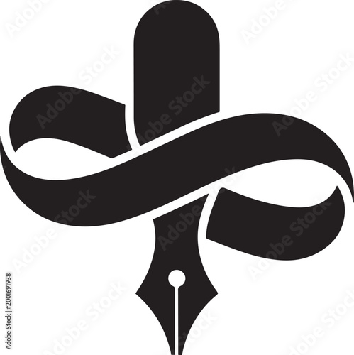 Stylized black nib pen with flowing ribbon on white background symbolizing writing and creativity