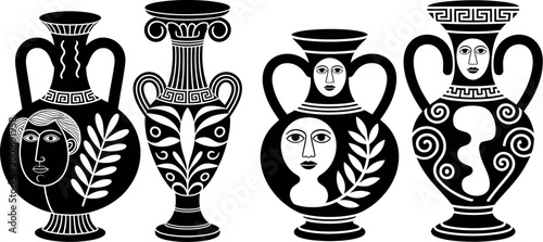 Ancient greek ceramic vases with black figures and decorative patterns ancient greece ancient art black figure pottery white background classical