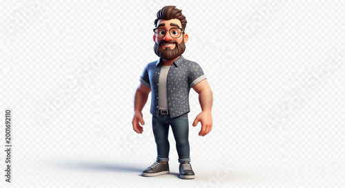 A cheerful cartoon man with glasses and a beard standing alone on a transparent background with a subtle shadow