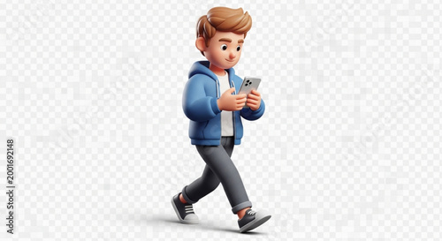 A cartoon boy with brown hair wearing a blue hoodie and gray pants is walking while looking at his smartphone with a subtle smile on his face in a 3d illustration