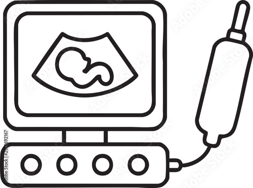 Ultrasound machine with baby scan on screen in simple line drawing for medical advertising