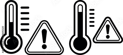 Thermometer icons showing high temperature and warning signs with exclamation mark black and white danger zone thermometer temperature triangular