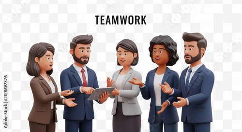 A diverse group of business professionals engaged in teamwork and collaboration with a tablet