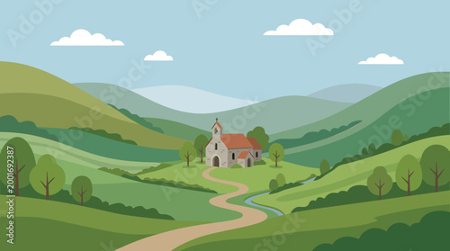 Serene countryside landscape with a winding road leading to a house