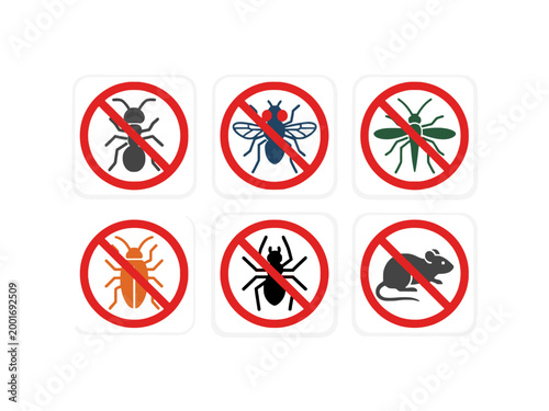 Pest Control Icons Set of Forbidden Insects and Rodents Vector