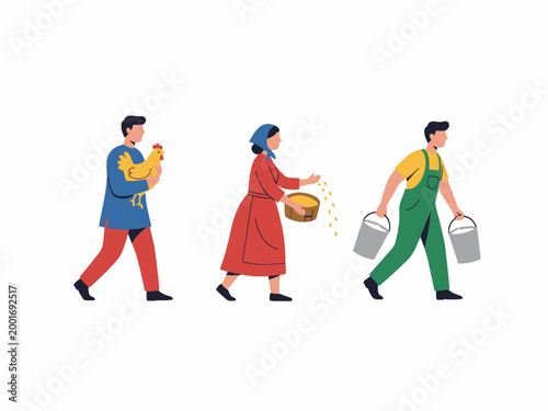 Farmer characters doing agricultural work isolated flat vector