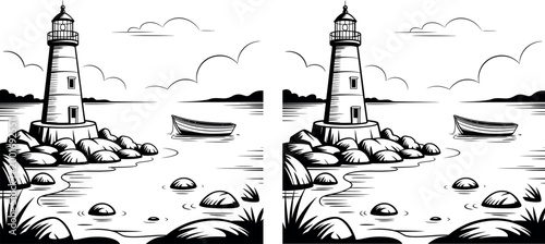 Lighthouse on a rocky coast with a boat and calm sea illustration black and white lighthouse navigation maritime nautical guidance landscape