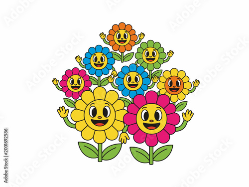 Retro Smiling Flower Characters Waving on White Background