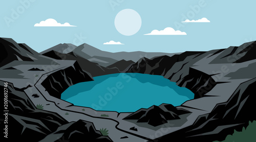 Volcano eruption creates a crater lake landscape with mountains under a sunny sky