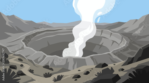 Volcanic eruption occurs at mountain crater landscape with smoke rising