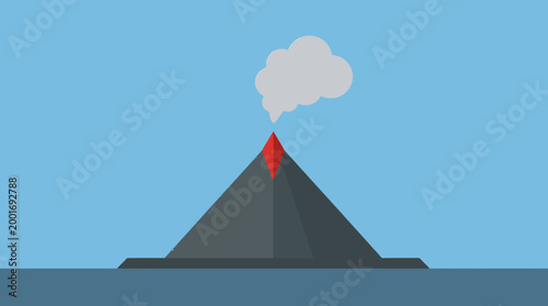Erupting volcano emits smoke and lava in the ocean landscape