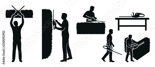 Hedge Trimmer Silhouette Icon Set - Professional Gardening and Landscaping Tools with Man Using Electric Shrub Clippers to Shape Hedges for Home Garden Maintenance and Exterior Park Improvement Design