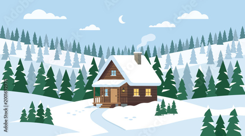 Snowy cabin scene with house trees and snow covered landscape under moonlight