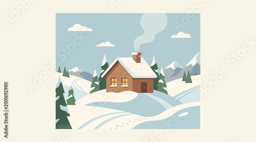 Snowy mountain landscape with house trees and smoke coming out