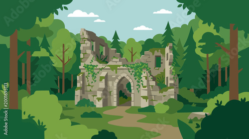 Ancient stone ruins stand amidst lush green forest with trees and overgrown vegetation on a sunny day.
