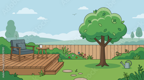 A serene backyard scene with a wooden deck, chair, tree, fence, and lush green grass on a sunny day
