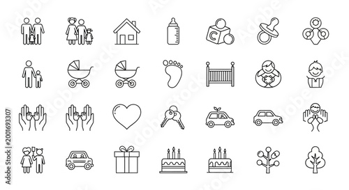 Family Life Icons: Love, Care, Home, Baby, and Growth Symbols