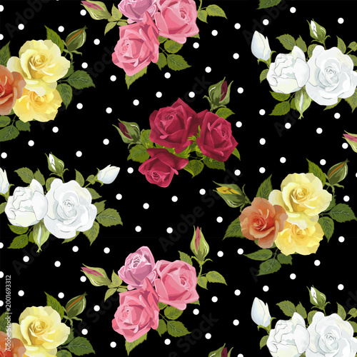 Bouquets of multi-colored roses on a black background.Vector pattern with bouquets of multi-colored roses on a black background with polka dots.