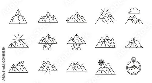 Mountain Icons Set: Peaks, Camping, Weather, Nature, Adventure