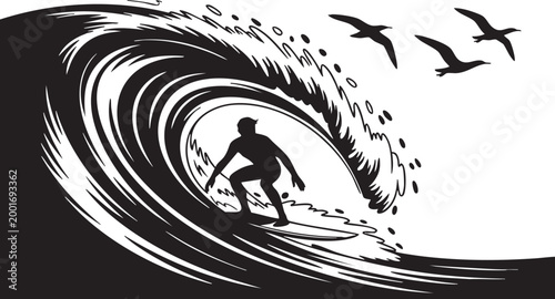 Surfer riding wave in black silhouette with birds flying overhead in monochromatic illustration for surfing advertisement