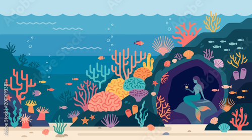 Vibrant coral reef scene with a mermaid sitting in a cave surrounded by fish and colorful coral underwater.