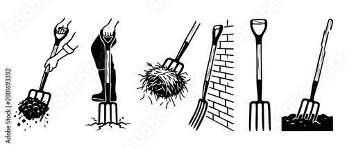 Garden Pitchfork Tool Set Vector Illustration - Farming and Agriculture Equipment Icon Collection, Hand Drawn Black and White Line Art Style for Gardening, Landscaping, and Rural Cultivation Projects