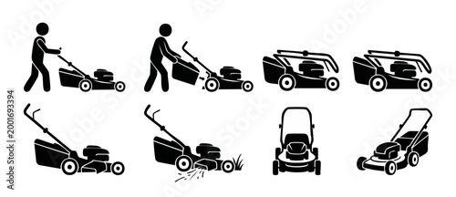 Lawn mower icon set, grass cutting machine pictogram, gardening tool vector collection. Black silhouette symbols showing mowing operation, yard maintenance equipment, landscaping work, and lawn care s