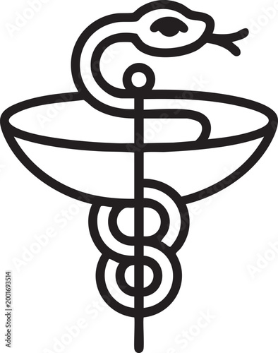 Rod of Asclepius medical symbol in minimalist line art style with black lines on white background for healthcare branding
