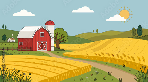 A sunny farm scene unfolds with a red barn standing among golden wheat fields and green pastures under a blue sky.