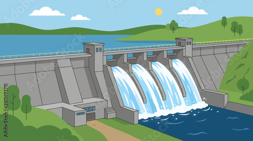 A large dam with water flowing through its gates in a natural landscape