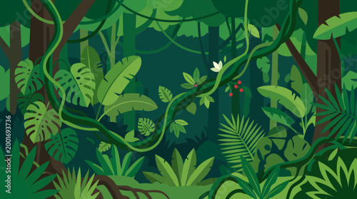 A dense jungle scene showcases various green plants and trees in a natural environment from a general viewpoint.