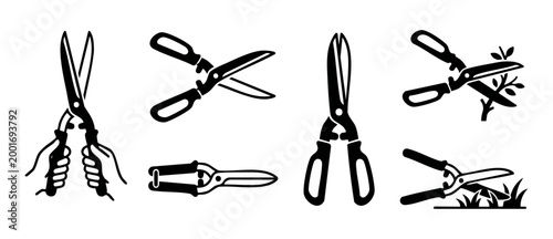 Garden shears icon set, pruning shears and hedge trimmer collection, silhouette graphic elements for gardening, landscaping tool symbols, black isolated design vectors for seasonal yard maintenance wo