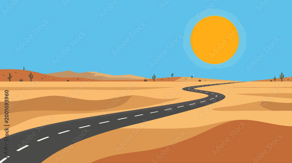 Fototapeta premium A desert landscape with a winding road under a bright sun