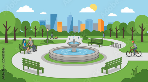 People relax in a park with a large fountain and cityscape