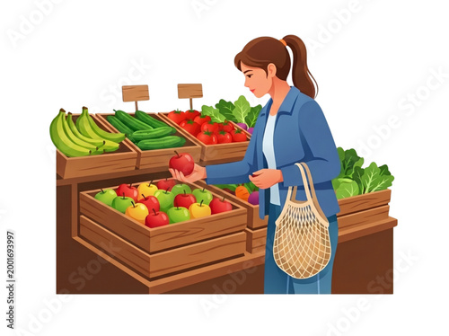 Young woman carefully selecting fresh apples and produce at a market highlighting conscious consumerism and agricultural health for World Food Safety Day campaigns.
