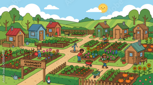 Community gardeners cultivate plants and vegetables in a sunny rural landscape with houses and gardens.