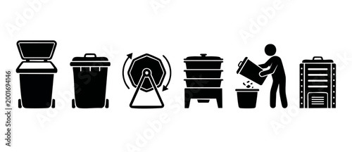 Waste management and recycling icons set, trash cans and composting equipment, professional black glyph vectors for ecology, environment protection, garbage disposal, sustainability, and zero waste co
