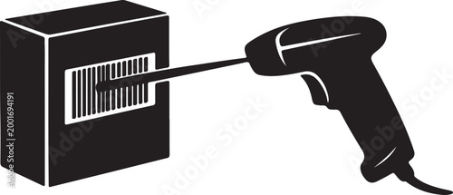 Barcode scanner scanning product box silhouette with point of sale supply chain barcode reader scanner gun