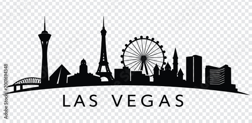 Las vegas city skyline with famous landmarks and ferris wheel in black silhouette