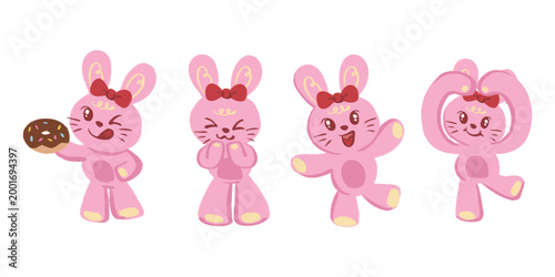 Creative collection of pink bunny vectors showing food enjoyment, shyness, joy, and heart gestures