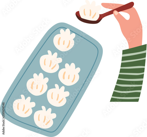 Man picking up dumpling with spoon