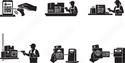 Set of icons showing barcode scanning and retail processes silhouette with point of sale qr code mobile phone