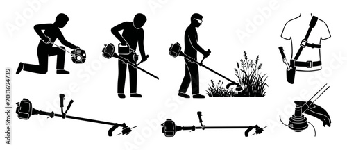 String Trimmer Icon Set, Man Using Grass Cutter Equipment, Lawn Mowing and Weed Whacker Maintenance Vector Pictogram Collection for Landscaping and Gardening Instruction Manuals and Safety Labels