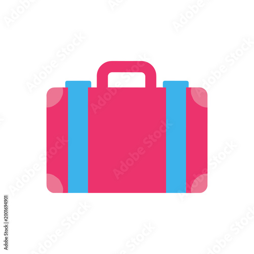 Colorful pink and blue suitcase with vibrant stripes and sturdy handle standing upright in minimalistic travel concept